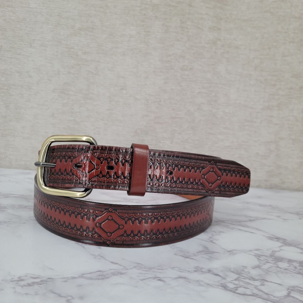 Red Brown Embossed Leather Belt
